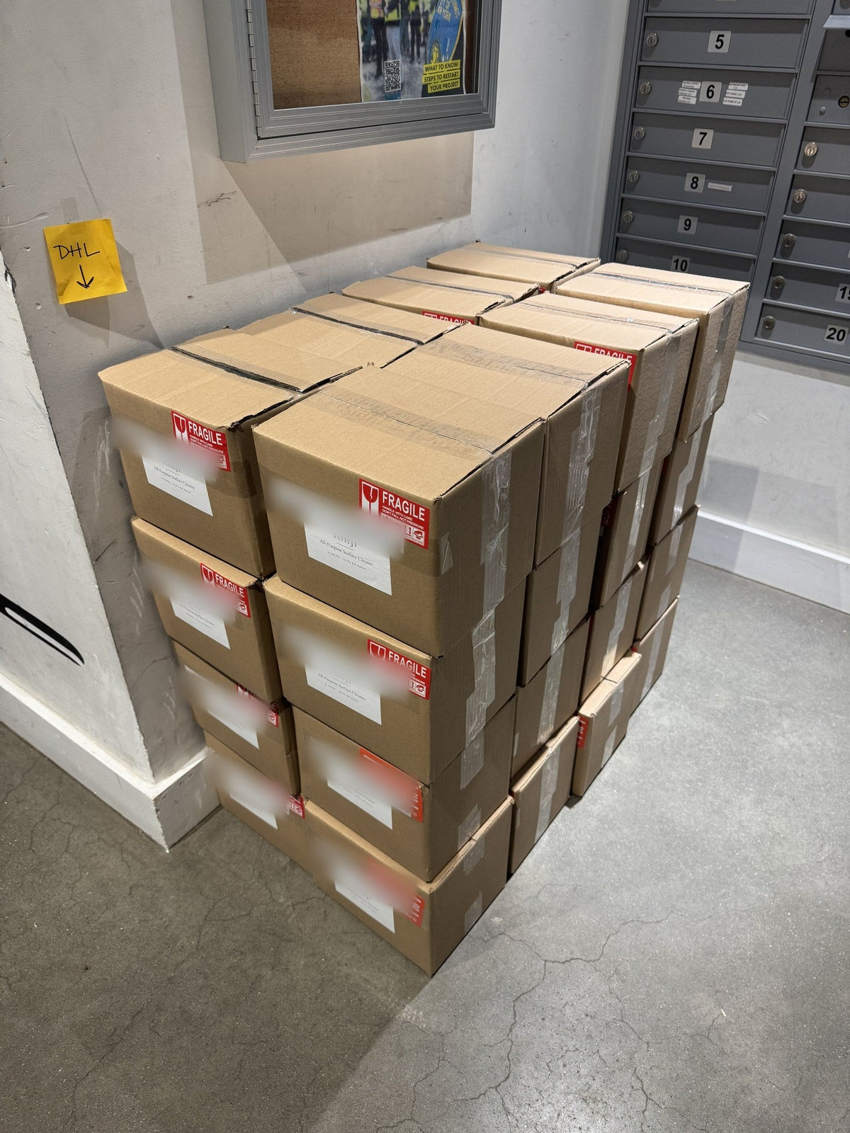 36 cases of SOHJI non-toxic cleaners stacked and ready for delivery to a NYC fulfillment center