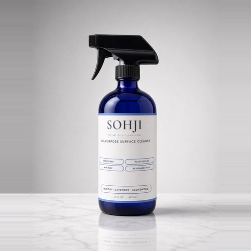 SOHJI non-toxic all-purpose surface cleaner, 16 fl oz cobalt glass spray bottle with hinoki, lavender and cedarwood