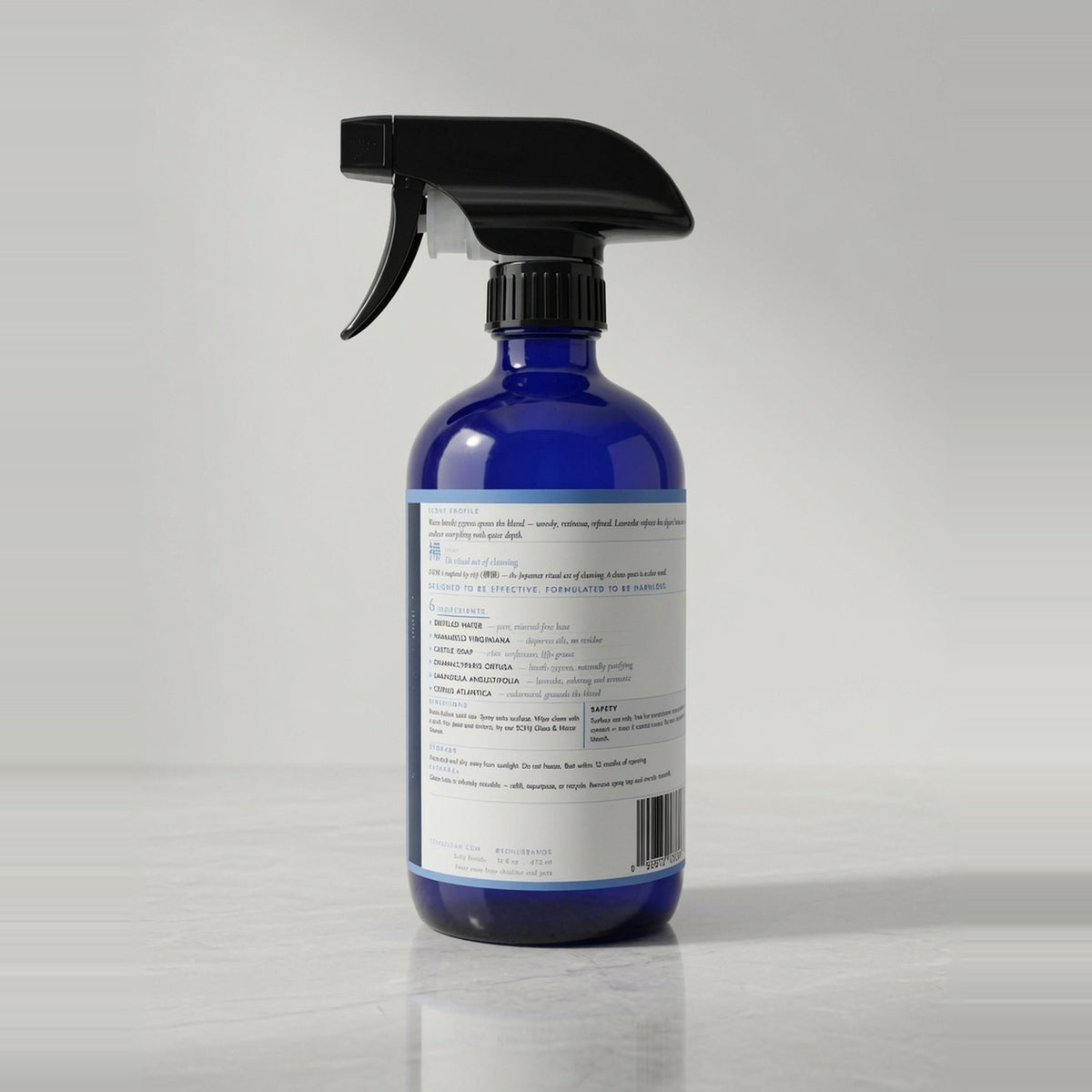 Back label of SOHJI all-purpose surface cleaner showing plant-derived ingredients and directions