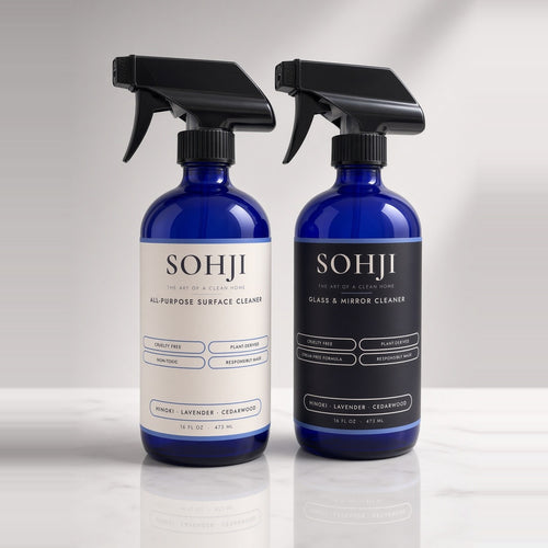 SOHJI Bottle Duo: All-Purpose Surface Cleaner and Glass & Mirror Cleaner in cobalt glass spray bottles