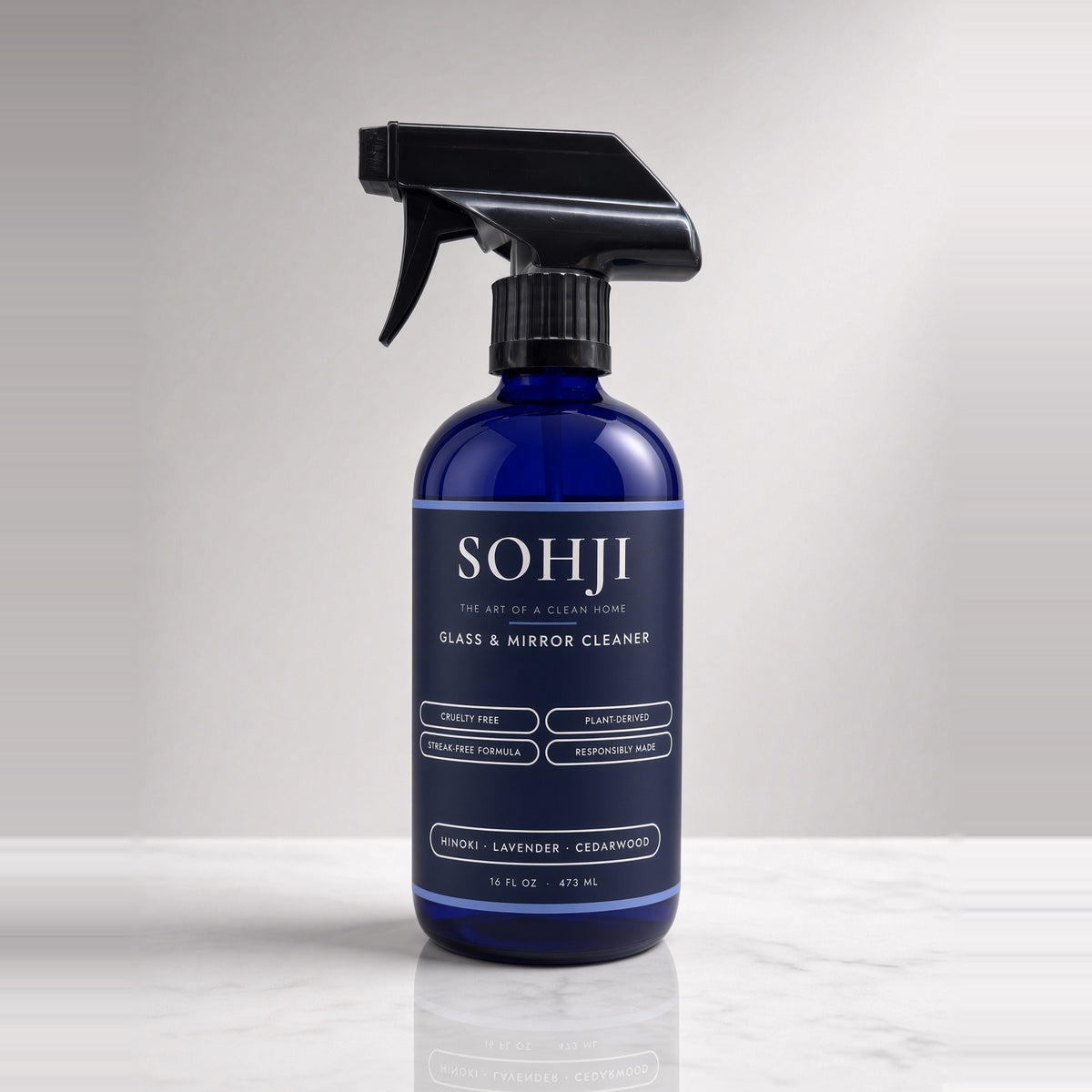 SOHJI plant-derived glass and mirror cleaner, streak-free, 16 fl oz cobalt glass spray bottle
