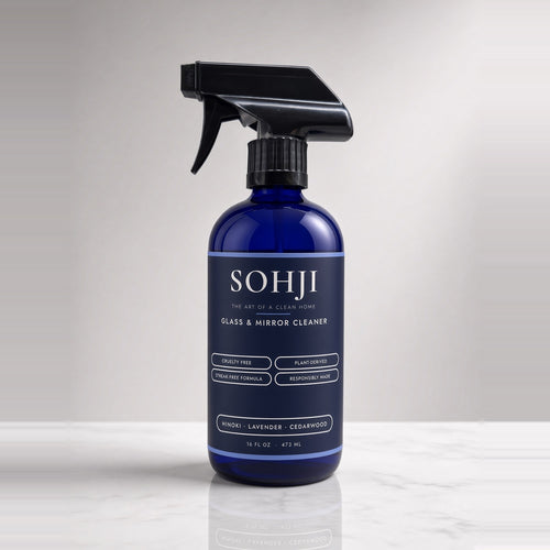 SOHJI plant-derived glass and mirror cleaner, streak-free, 16 fl oz cobalt glass spray bottle