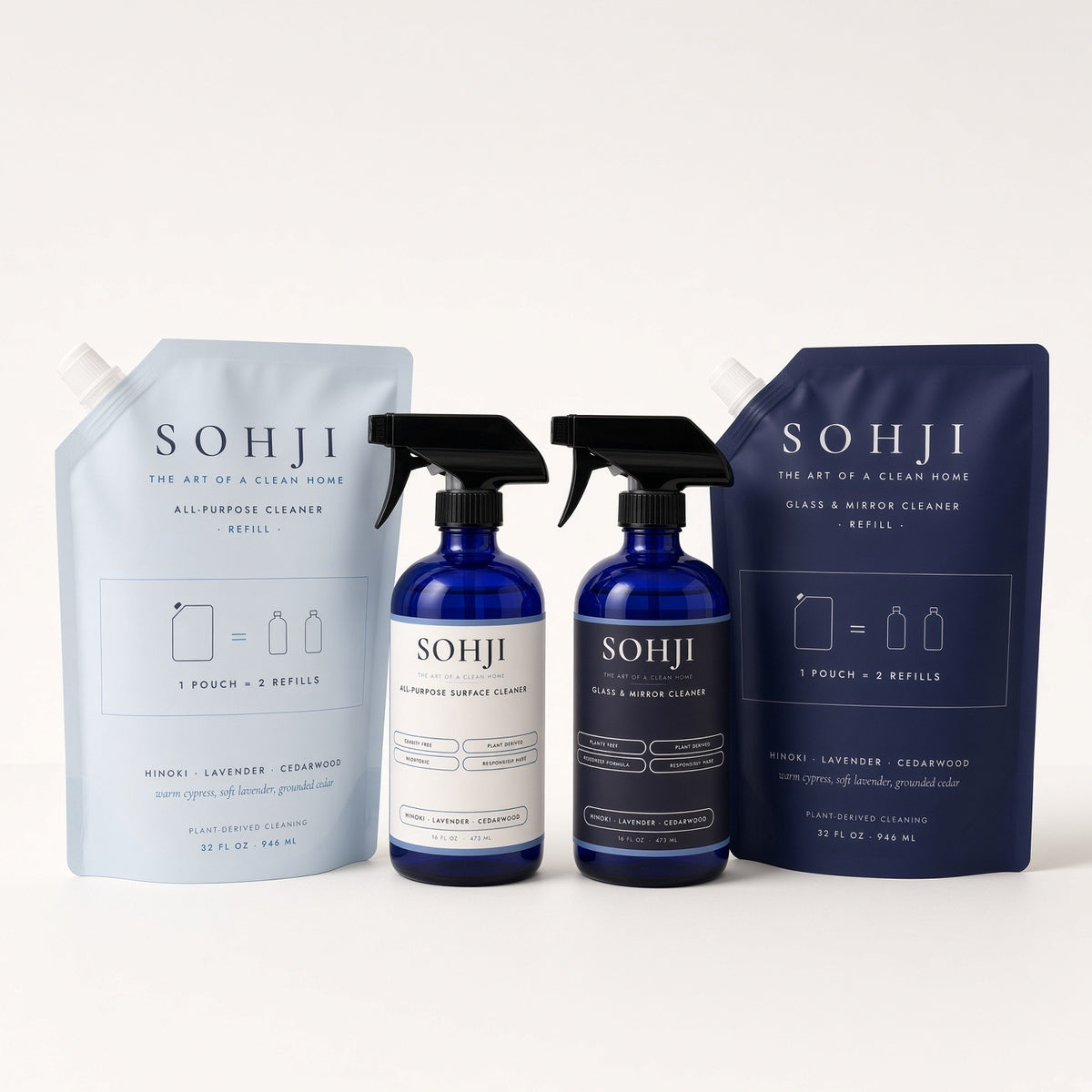 SOHJI Home Starter: All-Purpose and Glass & Mirror cleaner cobalt glass spray bottles with a matching 32 fl oz refill pouch of each