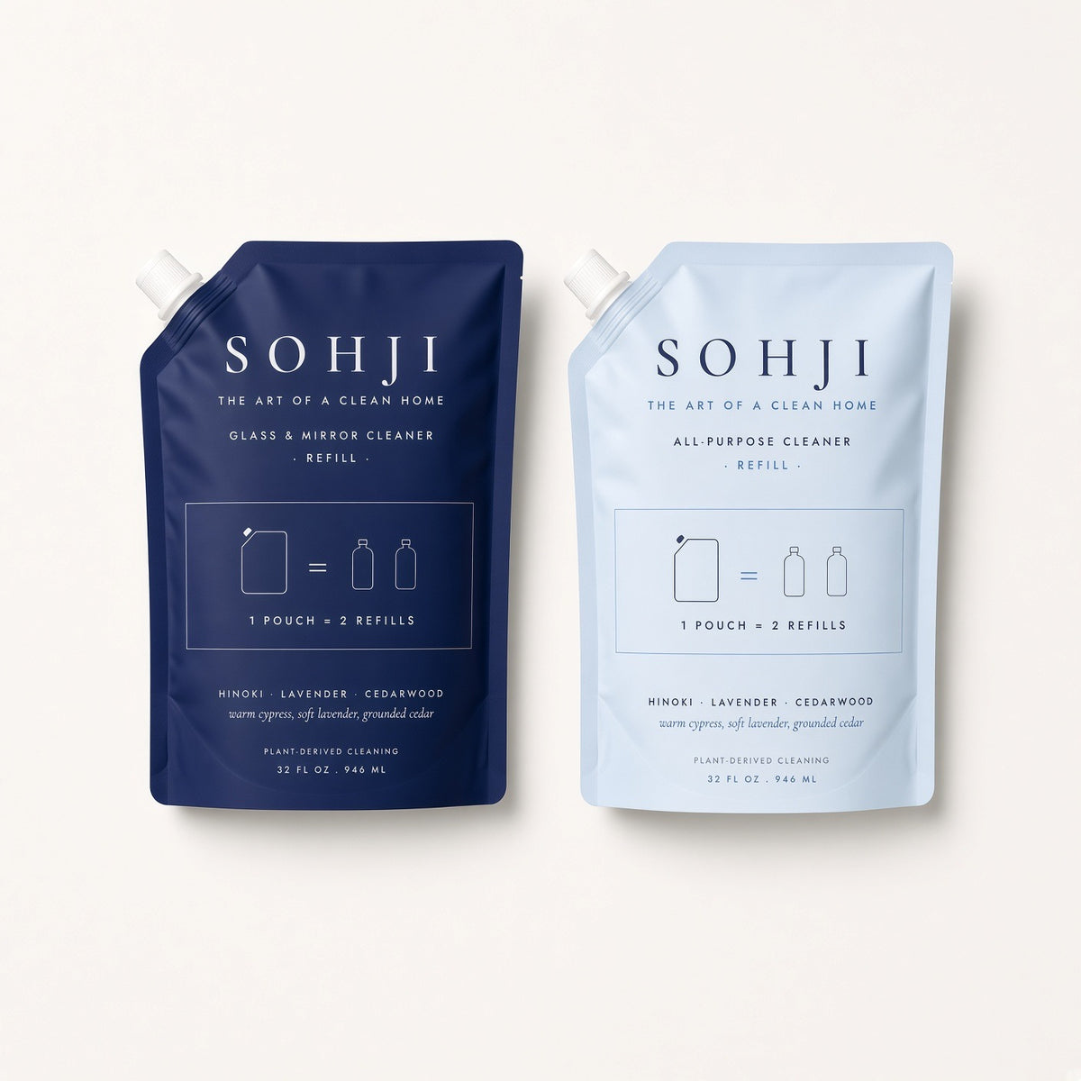 SOHJI Refill Duo: Glass & Mirror and All-Purpose 32 fl oz refill pouches side by side