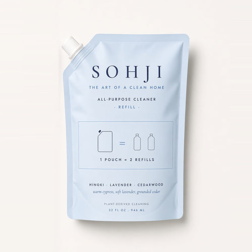 SOHJI All-Purpose Surface Cleaner refill pouch, 32 fl oz, light blue stand-up pouch with navy logo