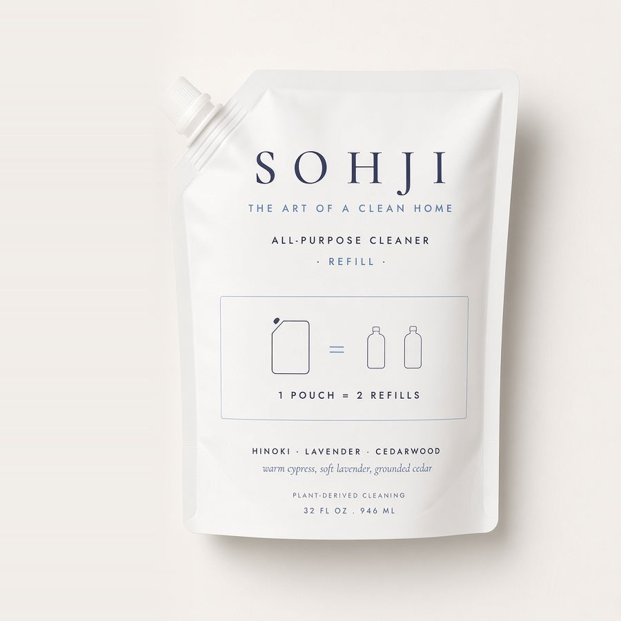 SOHJI All-Purpose Cleaner refill pouch, 32 fl oz, white pouch with navy logo; 1 pouch = 2 refills