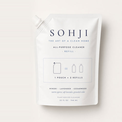 SOHJI All-Purpose Cleaner refill pouch, 32 fl oz, white pouch with navy logo; 1 pouch = 2 refills