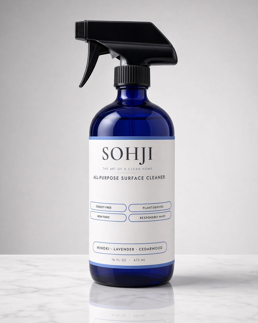 SOHJI non-toxic all-purpose surface cleaner spray, 16 fl oz cobalt glass bottle