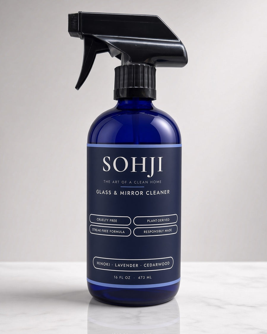 SOHJI plant-derived glass and mirror cleaner, streak-free, 16 fl oz cobalt glass spray bottle