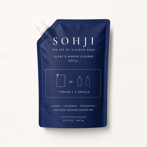 SOHJI Glass & Mirror Cleaner refill pouch, 32 fl oz, navy stand-up pouch with white logo