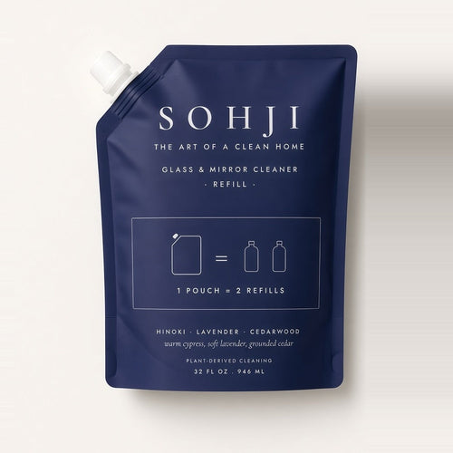 SOHJI Glass & Mirror Cleaner refill pouch, 32 fl oz, navy pouch with white logo; 1 pouch = 2 refills