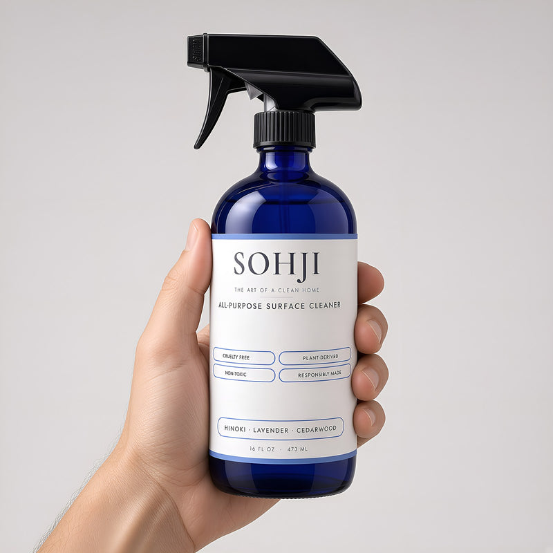 Hand holding a SOHJI non-toxic all-purpose cleaner in a cobalt glass spray bottle