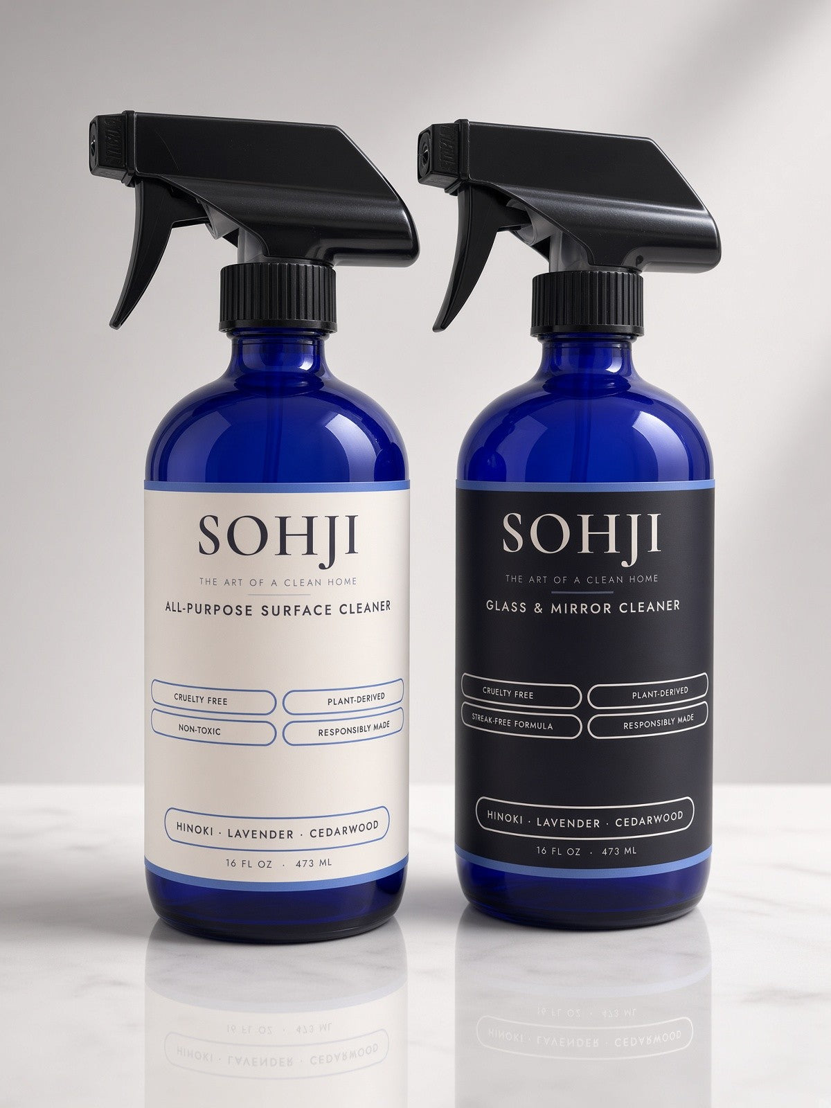 SOHJI non-toxic all-purpose cleaner and glass cleaner in refillable cobalt glass spray bottles